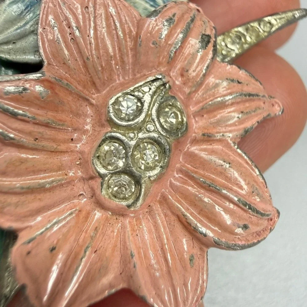 Vintage Pot Metal Enamel Flower Rhinestone Brooch 3.5